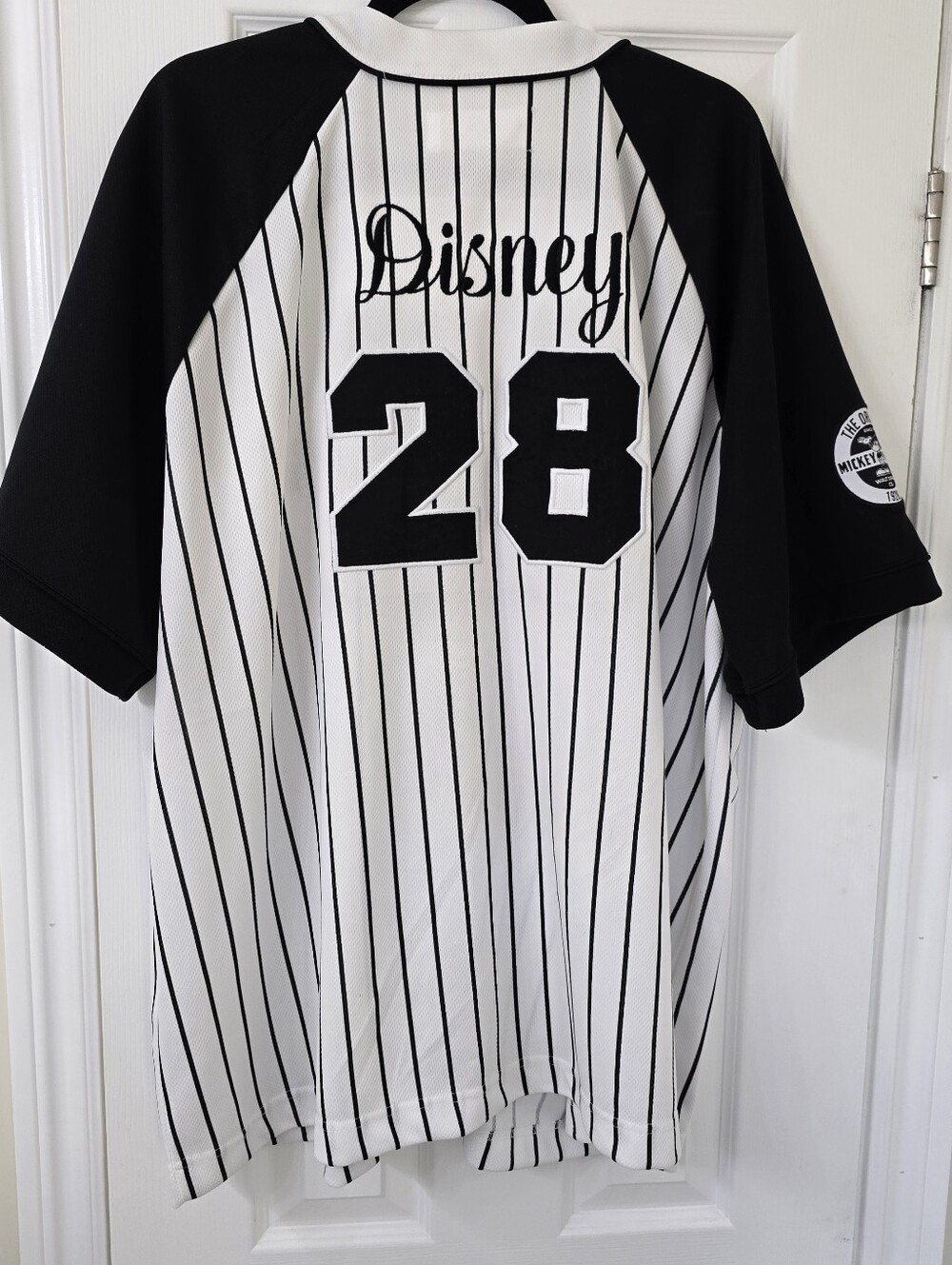 Men's Black & White  DISNEY Pinstripe Baseball Shirt with Mickey - Picture 7 of 11